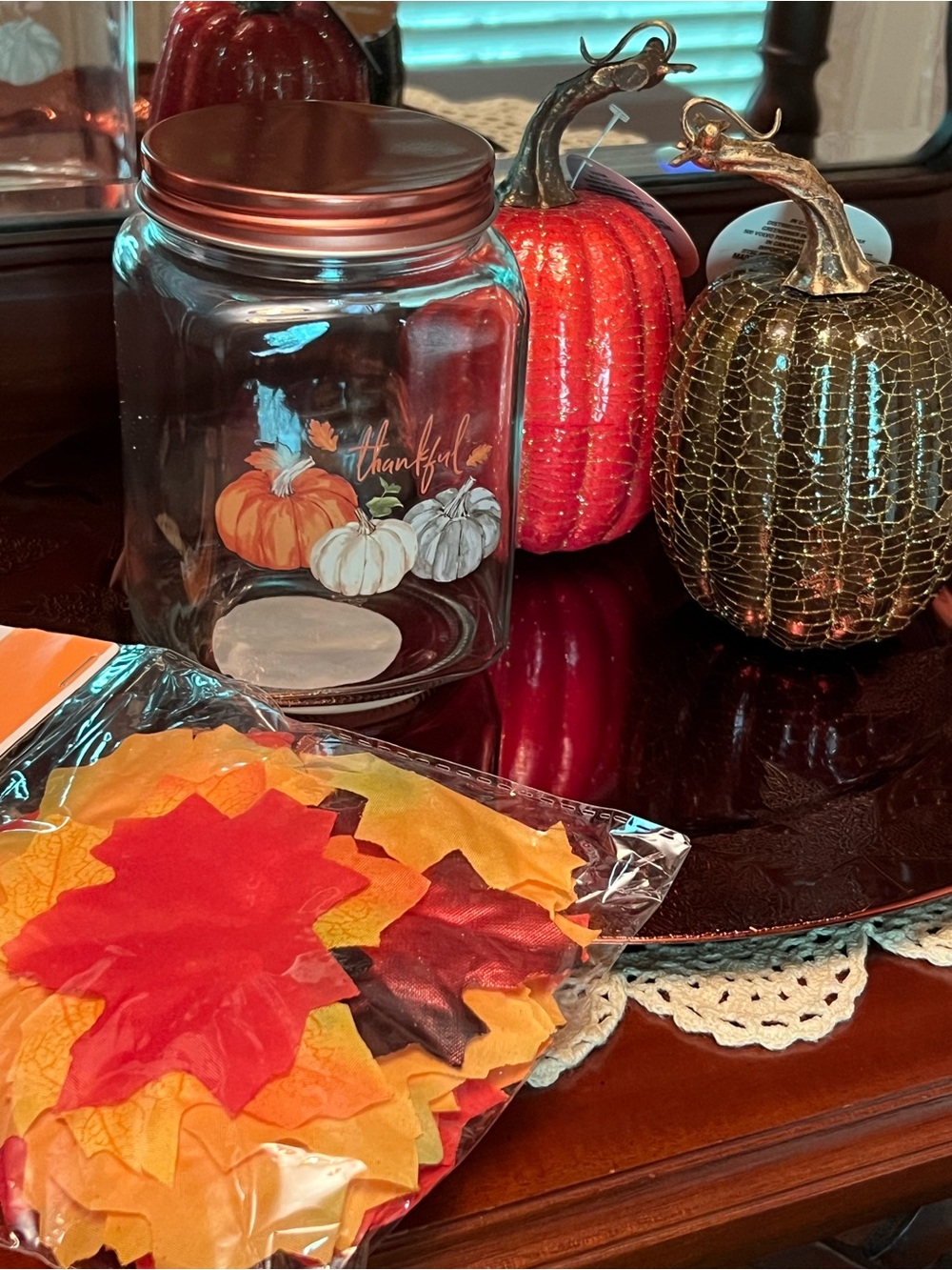 Fall DECORATIONS SET: Charger,Glass Jar with Copper Lid, 🍁 & Pumpkins
